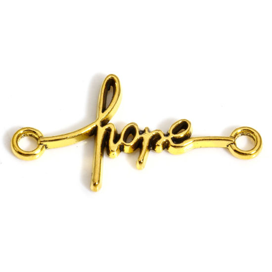 Picture of 50 PCs Zinc Based Alloy Positive Quotes Energy Connectors Charms Pendants Gold Tone Antique Gold English Vocabulary Message " Hope " 33mm x 17mm