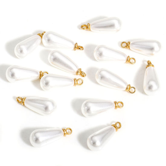 Picture of 20 PCs ABS Charms Drop Gold Plated White High Luster Imitation Pearl 17mm x 7mm