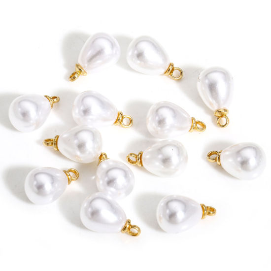 Picture of 20 PCs ABS Charms Drop Gold Plated White Acrylic Imitation Pearl 13mm x 8mm