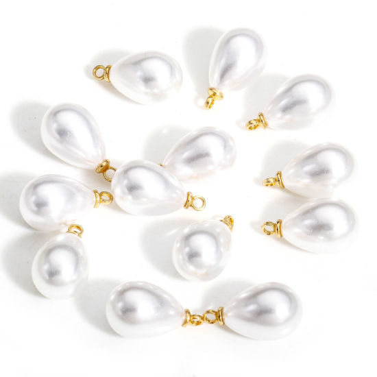 Picture of 20 PCs ABS Charms Drop Gold Plated White High Luster Imitation Pearl 17mm x 10mm
