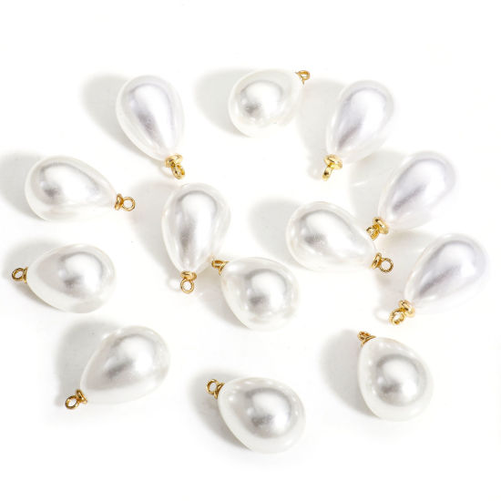 Picture of 20 PCs ABS Charms Drop Gold Plated White Acrylic Imitation Pearl 21mm x 13mm