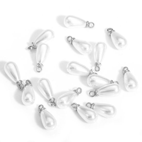 Picture of 20 PCs ABS Charms Drop Silver Tone White Acrylic Imitation Pearl 13.5mm x 6mm