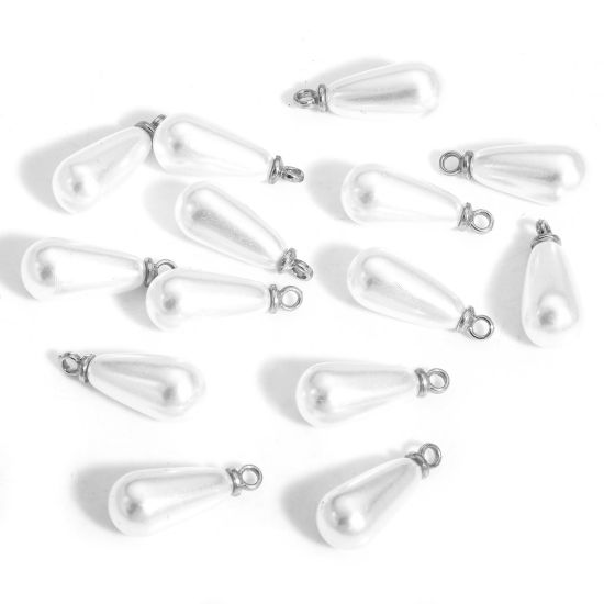 Picture of 20 PCs ABS Charms Drop Silver Tone White Acrylic Imitation Pearl 17mm x 7mm