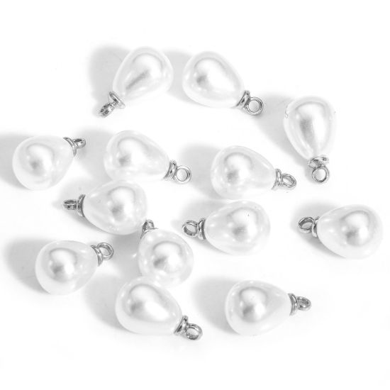 Picture of 20 PCs ABS Charms Drop Silver Tone White High Luster Imitation Pearl 13mm x 8mm