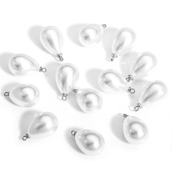 Picture of 20 PCs ABS Charms Drop Silver Tone White High Luster Imitation Pearl 21mm x 13mm