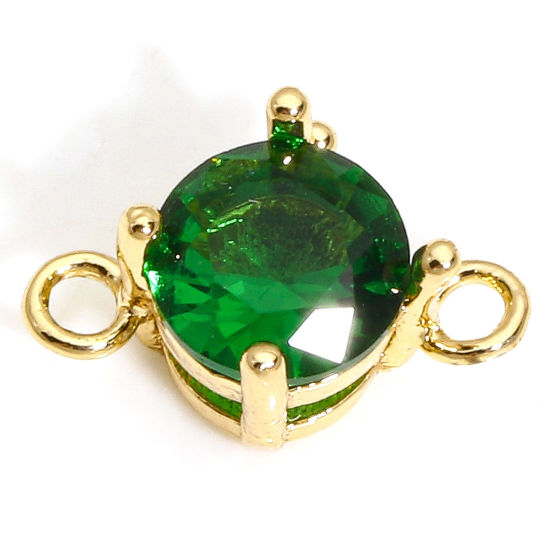 Picture of 5 PCs Brass & Glass Connectors Charms Pendants Gold Plated Green Round 12mm x 8mm