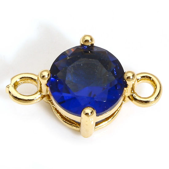 Picture of 5 PCs Brass & Glass Connectors Charms Pendants Gold Plated Dark Blue Round 12mm x 8mm