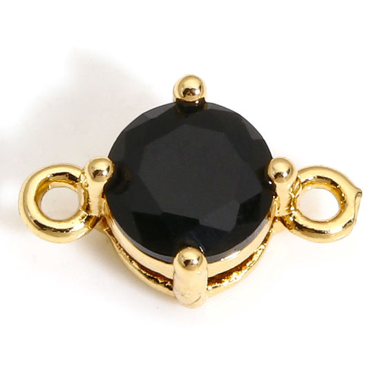 Picture of 5 PCs Brass & Glass Connectors Charms Pendants Gold Plated Black Round 12mm x 8mm