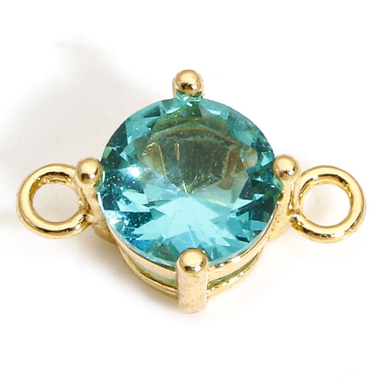 Picture of 5 PCs Brass & Glass Connectors Charms Pendants Gold Plated Green Blue Round 12mm x 8mm