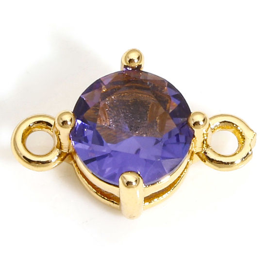 Picture of 5 PCs Brass & Glass Connectors Charms Pendants Gold Plated Purple Round 12mm x 8mm