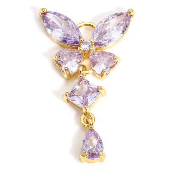 Picture of 1 Piece Brass & Glass Insect Charms Gold Plated Butterfly Animal Tassel Mauve Rhinestone 3.2cm x 1.8cm