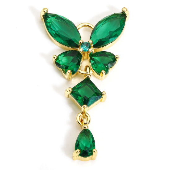 Picture of 1 Piece Brass & Glass Insect Charms Gold Plated Butterfly Animal Tassel Green Rhinestone 3.2cm x 1.8cm