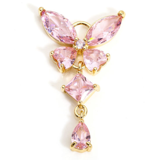 Picture of 1 Piece Brass & Glass Insect Charms Gold Plated Butterfly Animal Tassel Pink Rhinestone 3.2cm x 1.8cm