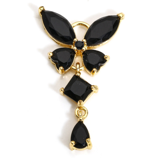 Picture of 1 Piece Brass & Glass Insect Charms Gold Plated Butterfly Animal Tassel Black Rhinestone 3.2cm x 1.8cm