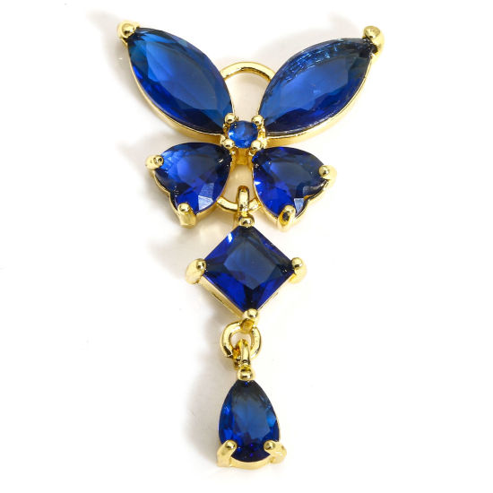 Picture of 1 Piece Brass & Glass Insect Charms Gold Plated Butterfly Animal Tassel Dark Blue Rhinestone 3.2cm x 1.8cm