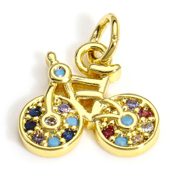 Picture of 2 PCs Brass Transport Charms 18K Gold Plated Bicycle Micro Pave Multicolour Cubic Zirconia 15mm x 13mm