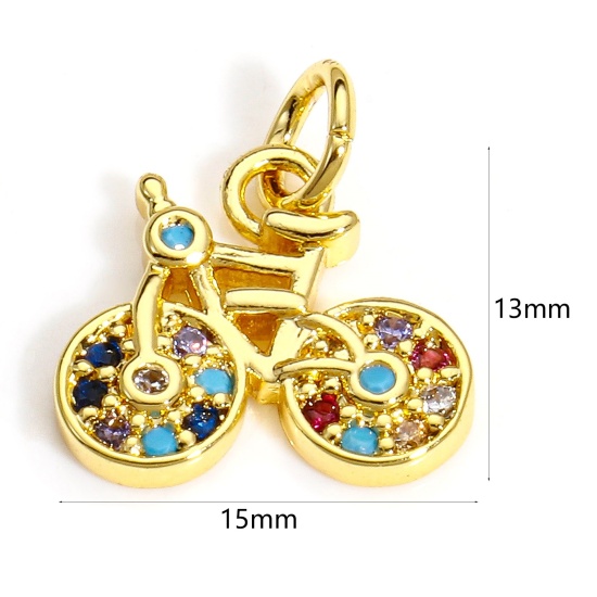 Picture of 2 PCs Brass Transport Charms 18K Real Gold Plated Bicycle Micro Pave Multicolour Cubic Zirconia 15mm x 13mm