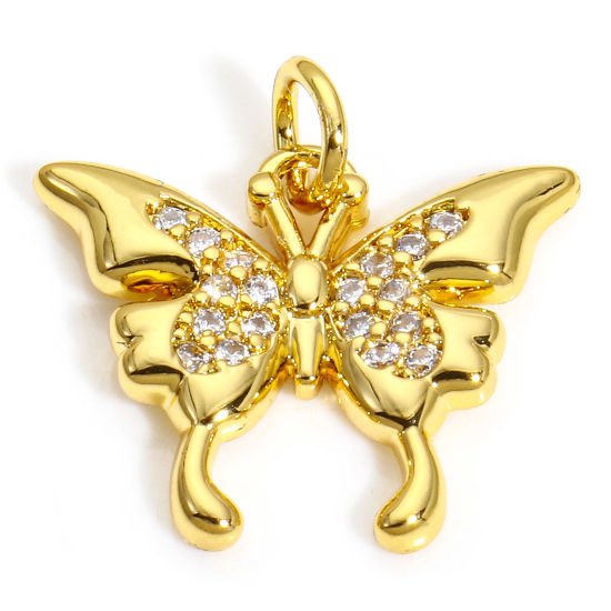 Picture of 2 PCs Brass Insect Charms 18K Gold Plated Butterfly Animal Micro Pave Clear Cubic Zirconia 19mm x 18mm