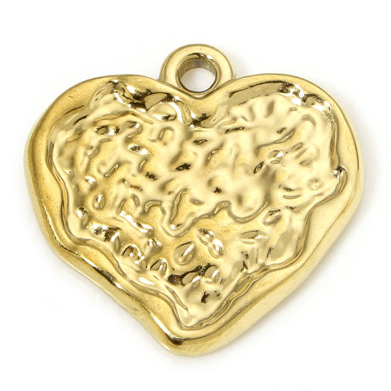 Image de 1 Piece Eco-friendly Vacuum Plating 304 Stainless Steel Hammered Charms Gold Plated Heart Texture 18.5mm x 18mm
