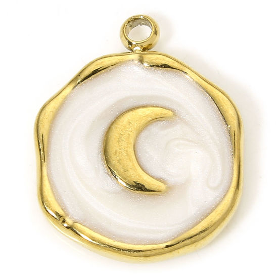 Image de 1 Piece Eco-friendly Vacuum Plating 304 Stainless Steel Galaxy Charms Gold Plated White Round Moon Enamel 15.5mm x 12.5mm
