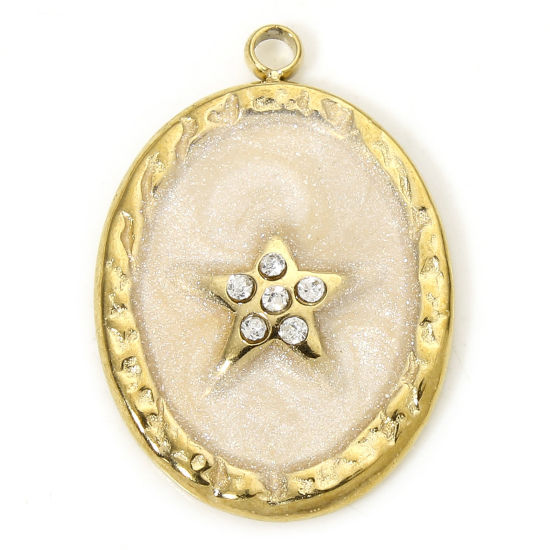 Image de 1 Piece Eco-friendly Vacuum Plating 304 Stainless Steel Galaxy Charms Gold Plated Champagne Oval Pentagram Star Enamel Clear Rhinestone 20.5mm x 14.5mm