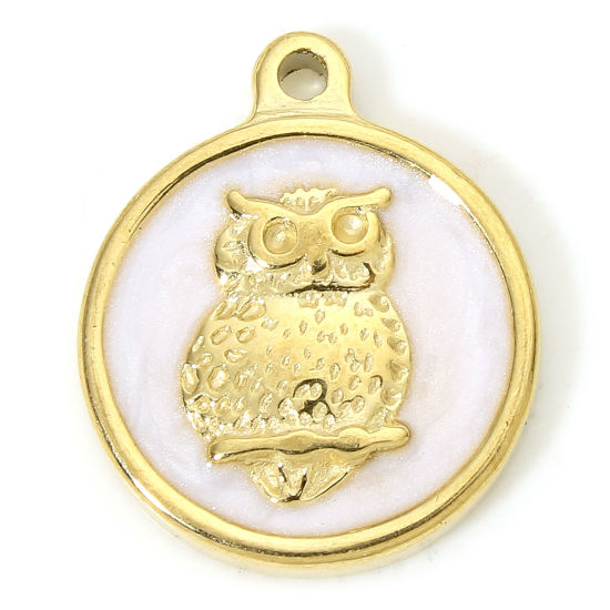 Image de 1 Piece Eco-friendly Vacuum Plating 304 Stainless Steel Stylish Charms Gold Plated White Round Owl Enamel 18.5mm x 15.5mm