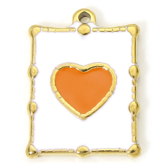 Picture of 1 Piece Eco-friendly Vacuum Plating 304 Stainless Steel Geometric Charms Gold Plated White & Orange Rectangle Heart Enamel 20.5mm x 15mm