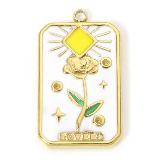 Picture of 1 Piece Eco-friendly Vacuum Plating 304 Stainless Steel Tarot Charms Gold Plated Multicolor Rectangle Flower Enamel 22.5mm x 13.5mm