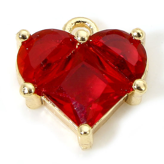 Picture of 1 Piece Eco-friendly Brass & Glass Valentine's Day Charms 18K Real Gold Plated Heart 11mm x 10mm