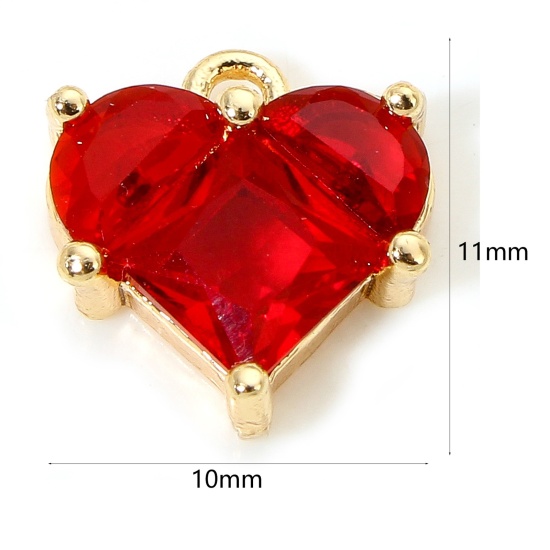 Picture of 1 Piece Eco-friendly Brass & Glass Valentine's Day Charms 18K Real Gold Plated Heart 11mm x 10mm