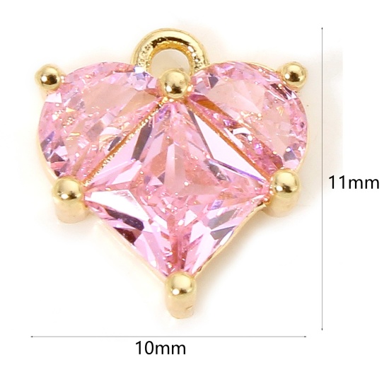 Picture of 1 Piece Eco-friendly Brass & Glass Valentine's Day Charms 18K Real Gold Plated Heart 11mm x 10mm