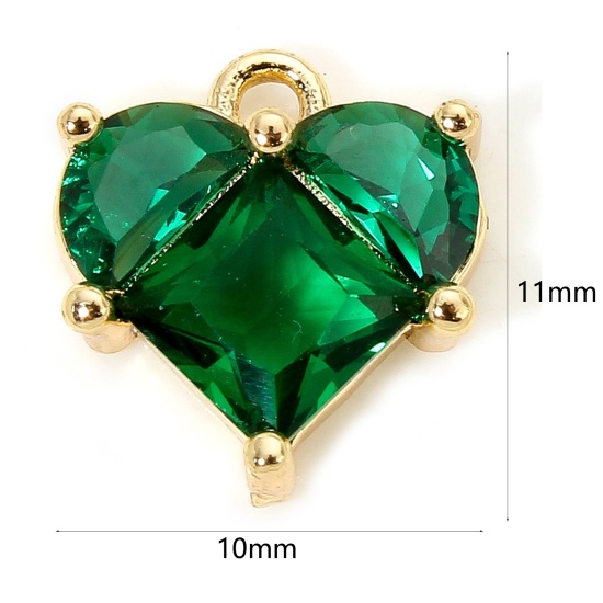 Picture of 1 Piece Eco-friendly Brass & Glass Valentine's Day Charms 18K Real Gold Plated Heart 11mm x 10mm