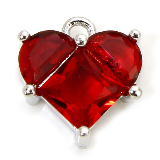 Picture of 1 Piece Eco-friendly Brass & Glass Valentine's Day Charms Real Platinum Plated Heart 11mm x 10mm