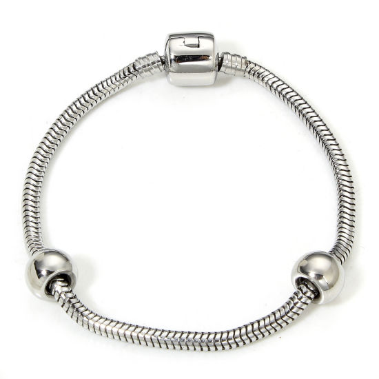 Picture of 1 Piece 304 Stainless Steel European Style Snake Chain Bracelets Silver Tone With Snap Clasp 18cm(7 1/8") long