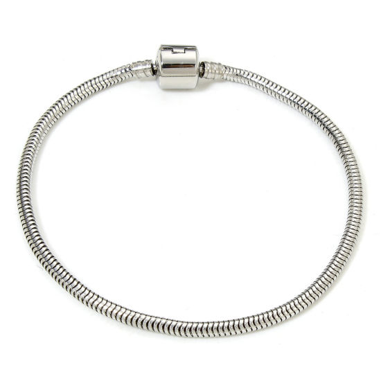 Picture of 1 Piece 304 Stainless Steel European Style Snake Chain Bracelets Silver Tone With Snap Clasp 20cm(7 7/8") long