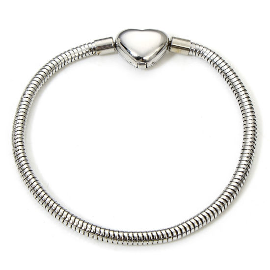 Picture of 1 Piece 304 Stainless Steel European Style Snake Chain Bracelets Silver Tone With Snap Clasp 18cm(7 1/8") long