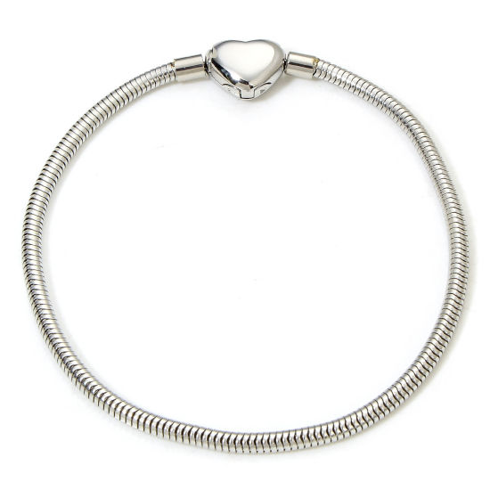 Picture of 1 Piece 304 Stainless Steel European Style Snake Chain Bracelets Silver Tone With Snap Clasp 22cm(8 5/8") long