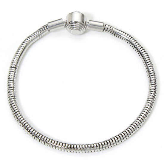 Picture of 1 Piece 304 Stainless Steel European Style Snake Chain Bracelets Silver Tone With Snap Clasp 18cm(7 1/8") long