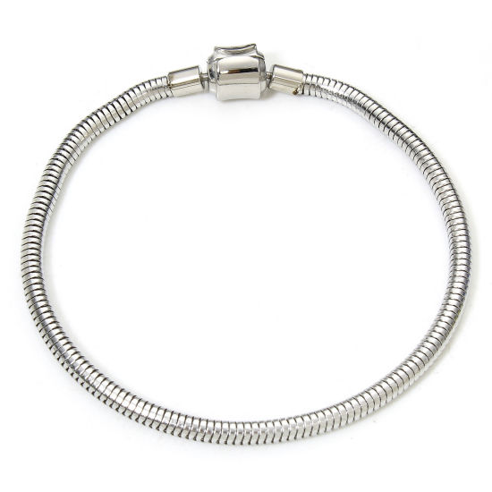 Picture of 1 Piece 304 Stainless Steel European Style Snake Chain Bracelets Silver Tone With Snap Clasp 20cm(7 7/8") long