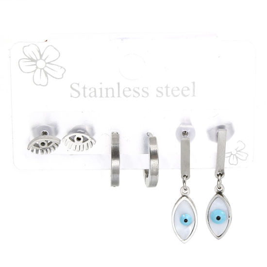 1 Set ( 6 PCs/Set) 304 Stainless Steel Religious Ear Post Stud Earrings Set Silver Tone Round Evil Eye 26mm x 14mm, Post/ Wire Size: (18 gauge) の画像