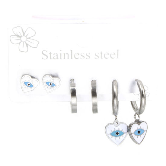 1 Set ( 6 PCs/Set) 304 Stainless Steel Religious Ear Post Stud Earrings Set Silver Tone Heart Evil Eye 25mm x 14mm, Post/ Wire Size: (18 gauge) の画像