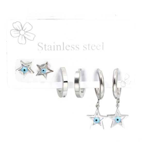 1 Set ( 6 PCs/Set) 304 Stainless Steel Religious Ear Post Stud Earrings Set Silver Tone Pentagram Star Evil Eye 27mm x 14mm, Post/ Wire Size: (18 gauge) の画像