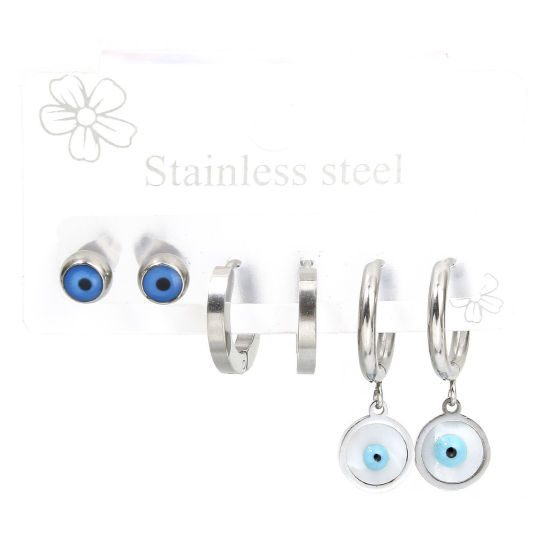 1 Set ( 6 PCs/Set) 304 Stainless Steel Religious Ear Post Stud Earrings Set Silver Tone Round Evil Eye 26mm x 14mm, Post/ Wire Size: (18 gauge) の画像