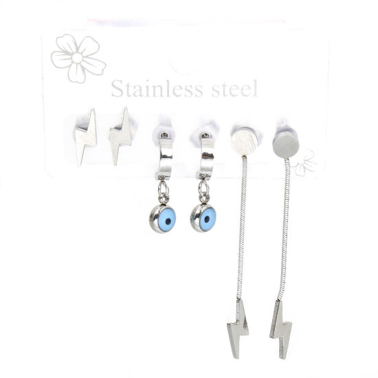 1 Set ( 6 PCs/Set) 304 Stainless Steel Religious Ear Post Stud Earrings Set Silver Tone Lightning Evil Eye 46mm x 14mm, Post/ Wire Size: (18 gauge) の画像
