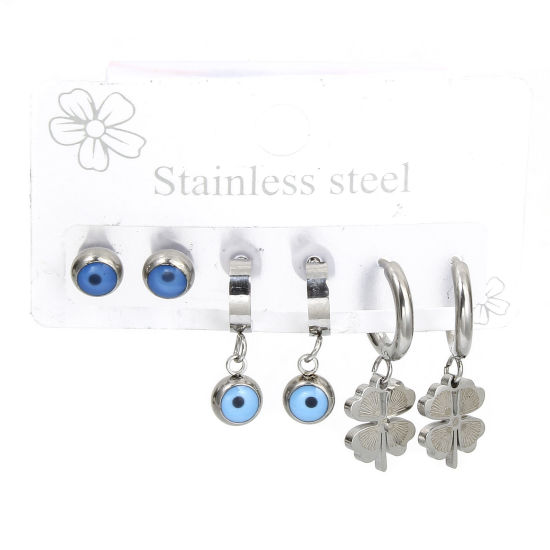1 Set ( 6 PCs/Set) 304 Stainless Steel Religious Ear Post Stud Earrings Set Silver Tone Leaf Clover Evil Eye 25mm x 14mm, Post/ Wire Size: (18 gauge) の画像