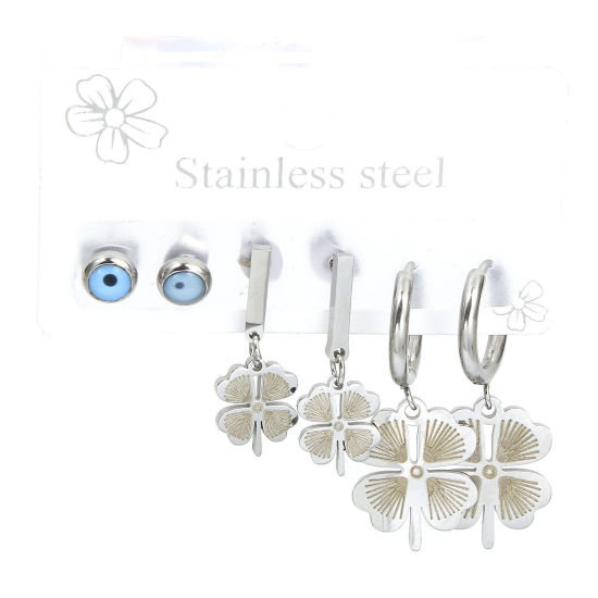 1 Set ( 6 PCs/Set) 304 Stainless Steel Religious Ear Post Stud Earrings Set Silver Tone Leaf Clover Evil Eye 31mm x 14mm, Post/ Wire Size: (18 gauge) の画像