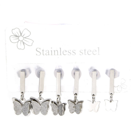 Picture of 1 Set ( 6 PCs/Set) 304 Stainless Steel Insect Ear Post Stud Earrings Set Silver Tone Butterfly Animal Post/ Wire Size: (20 gauge)