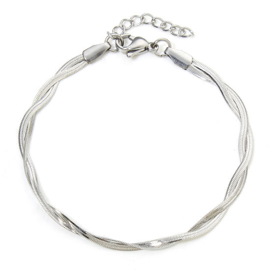 Immagine di 1 Pz 304 Acciaio Inossidabile Catena a Maglia Fatta a Mano Braccialetti Tono Argento Intreccio 17.5cm Lunghezza