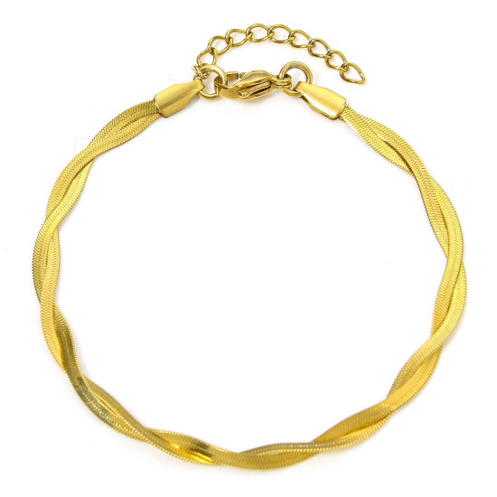 Immagine di 1 Pz Placcatura Sottovuoto 304 Acciaio Inossidabile Catena a Maglia Fatta a Mano Braccialetti Placcato Oro 18K Intreccio 17.5cm Lunghezza