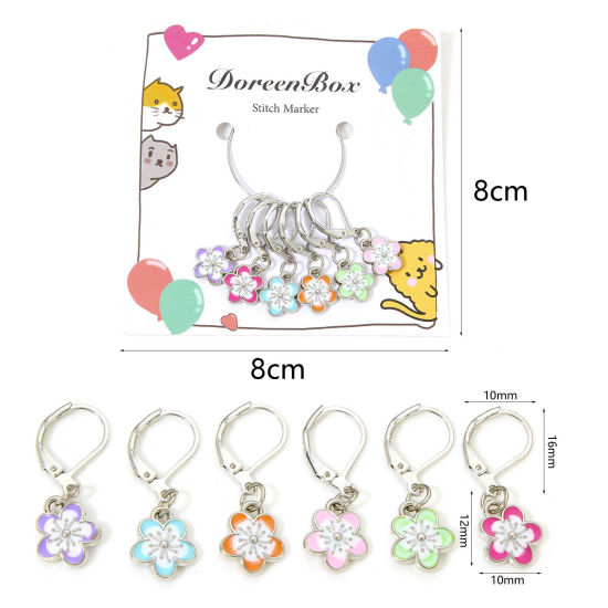 Изображение 1 Set ( 6 PCs/Set) Zinc Based Alloy & Iron Based Alloy Knitting Stitch Markers Earring Bag Charm Pendant Sakura Flower Silver Tone Multicolor Enamel 3cm